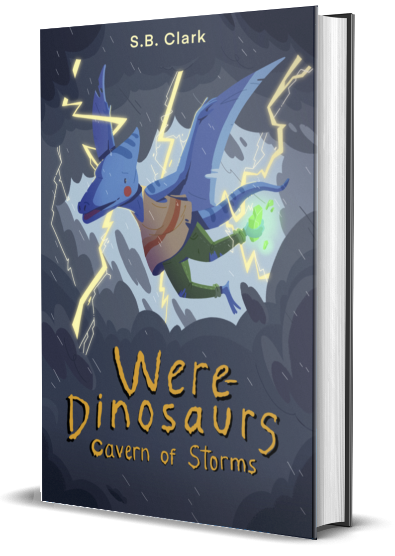 The Book cover of Were-Dinosaurs: Cavern of Storms, showing a half-child half-pterodactyl flying through lightning into a cave while clutching a glowing gem in her foot.