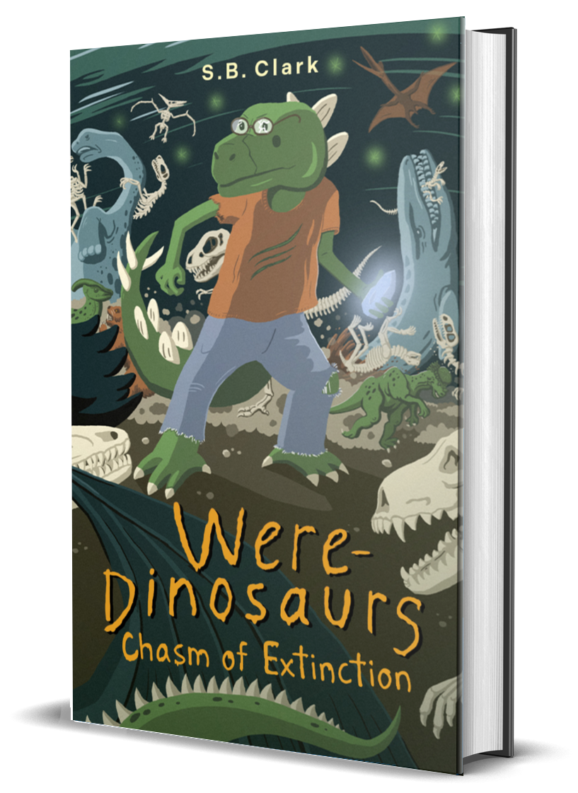 The Book cover of Were-Dinosaurs: Chasm of Extinction, showing a half-child half-stegasaurus battling living dinosaur fossils.