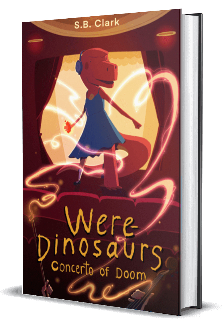 The book cover of Were-Dinosaurs: Concerto of Doom, showing a half-child half-t-rex towering on a concert hall stage while wearing headphones as magical music plays around her. 