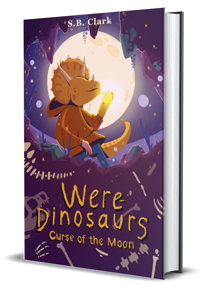 The book cover for Were-Dinosaurs: Curse of the Moon, showing a half-child, half triceratops holding a glowing gem in front of a giant full moon.